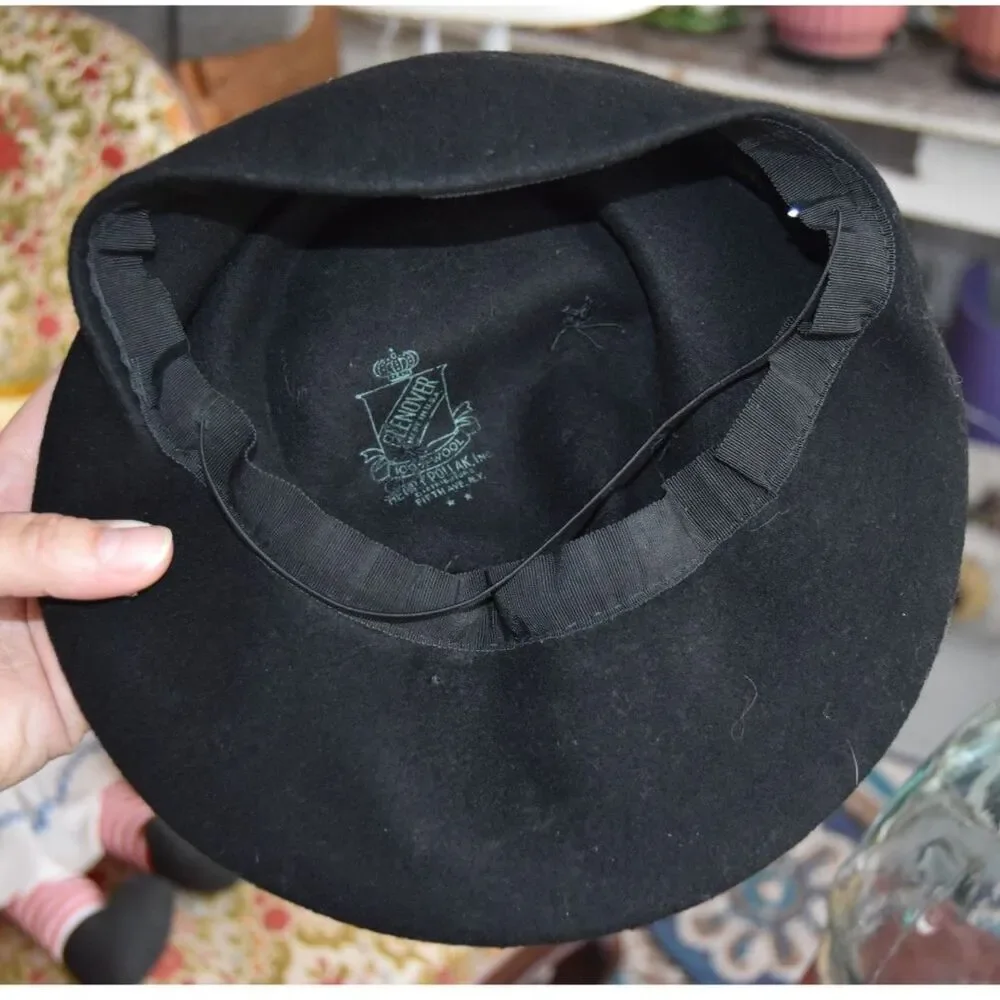 Vintage 1940s Glenover Henry Pollak Black Wool Tilt Hat Leaves Hatpins